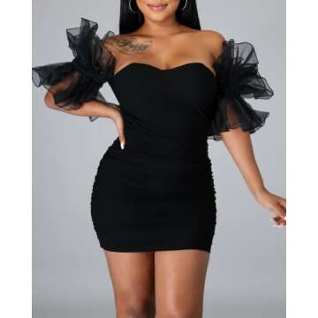 hibshaby Women Sexy Bodycon Dress Puff Sleeve Cocktail Evening Party Elegant Mini Dresses