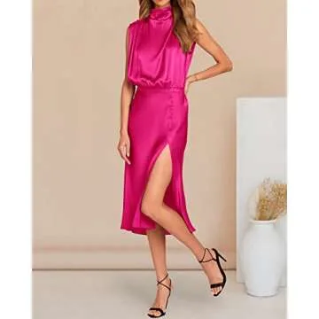 PRETTYGARDEN Women Summer Formal Mock Neck Sleeveless Satin Dress Elastic Waist Slit Midi Wedding Gu...