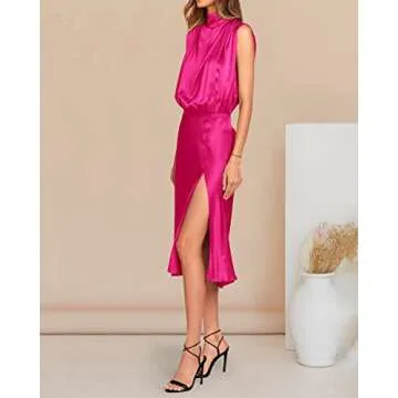 PRETTYGARDEN Women Summer Formal Mock Neck Sleeveless Satin Dress Elastic Waist Slit Midi Wedding Guest Dresses 2023(Solid Rose Red,Medium)