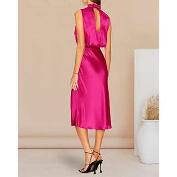 PRETTYGARDEN Women Summer Formal Mock Neck Sleeveless Satin Dress Elastic Waist Slit Midi Wedding Guest Dresses 2023(Solid Rose Red,Medium)