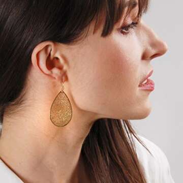Gold Dangle Earrings For Women - Gold Leaf Earrings For Women, Womens Earrings Dangling, Dangly Earrings, Gold Drop Earrings for Women, Leaf Gold Earrings for Women Dangle, Gold-Tone Boho Earrings