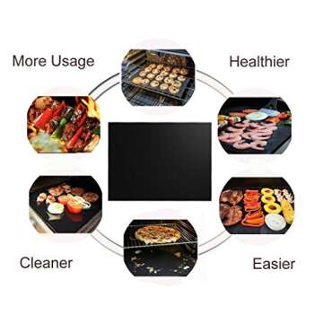 RENOOK Grill Mat Set of 6-100% Non-Stick Reusable Mats for Gas, Charcoal or Electric Grills - Easy to Clean - 15.75 x 13-Inch, Black