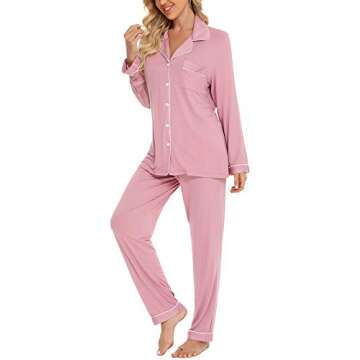 Pajamas Set Long Sleeve Sleepwear Womens Button Down Nightwear Soft Pj Lounge Sets Bean Paste X-Larg...