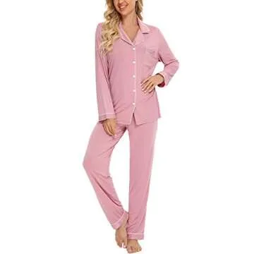 Pajamas Set Long Sleeve Sleepwear Womens Button Down Nightwear Soft Pj Lounge Sets Bean Paste X-Large