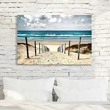 Beach Artwork Coastal Wall Art: Seascape Picture Shoreline Path Painting on Canvas for Bathroom ( 36” x 24” x 1 Panel )