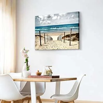 Beach Artwork Coastal Wall Art: Seascape Picture Shoreline Path Painting on Canvas for Bathroom ( 36” x 24” x 1 Panel )