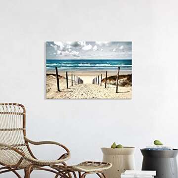 Beach Artwork Coastal Wall Art: Seascape Picture Shoreline Path Painting on Canvas for Bathroom ( 36” x 24” x 1 Panel )