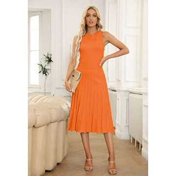 Pink Queen Women's 2024 Summer Fashion Knit Dress Crew Neck Sleeveless Ribbed Swing Party Midi Dresses Orange XL