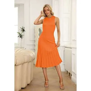 Pink Queen Women's 2024 Summer Fashion Knit Dress Crew Neck Sleeveless Ribbed Swing Party Midi Dresses Orange XL