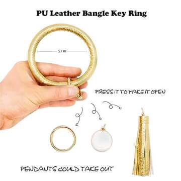 ATIMIGO 4PCS Keychain Bracelet Wristlet Big Bangle Key Holder Round Keyring Leather Tassel Key Ring Chain for Women Girls