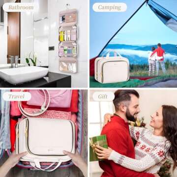 BALULHG Hanging Hook Toiletry Bag with Jewelry Compartment Full-Sized Toiletries and Cosmetics For Travel, Makeup, Organizer, Women, Beige