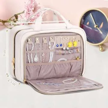 BALULHG Hanging Hook Toiletry Bag with Jewelry Compartment Full-Sized Toiletries and Cosmetics For Travel, Makeup, Organizer, Women, Beige