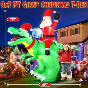 zukakii 9x7FT Christmas Inflatables Decorations with LED Santa Ride on Dinosaur Outdoor Christmas Di...