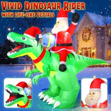 zukakii 9x7FT Christmas Inflatables Decorations with LED Santa Ride on Dinosaur Outdoor Christmas Dinosaur Inflatable Christmas Blow Up Yard Decorations with Sandbags Stakes Strings for Garden Decor