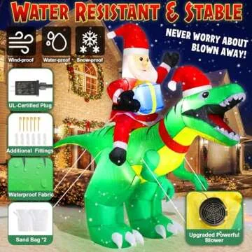 zukakii 9x7FT Christmas Inflatables Decorations with LED Santa Ride on Dinosaur Outdoor Christmas Dinosaur Inflatable Christmas Blow Up Yard Decorations with Sandbags Stakes Strings for Garden Decor