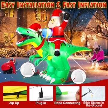 zukakii 9x7FT Christmas Inflatables Decorations with LED Santa Ride on Dinosaur Outdoor Christmas Dinosaur Inflatable Christmas Blow Up Yard Decorations with Sandbags Stakes Strings for Garden Decor