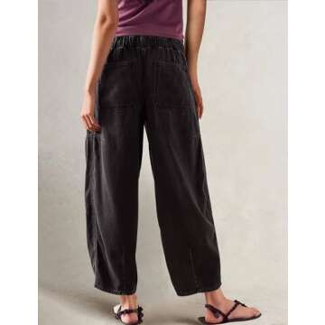 Barrel Jeans for Women Stretch Elastic Waist Pull-on Wide Leg Baggy Pants Lightweight Casual Crop Denim with Drawstring