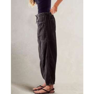 Barrel Jeans for Women Stretch Elastic Waist Pull-on Wide Leg Baggy Pants Lightweight Casual Crop Denim with Drawstring