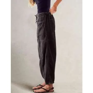 Barrel Jeans for Women Stretch Elastic Waist Pull-on Wide Leg Baggy Pants Lightweight Casual Crop Denim with Drawstring