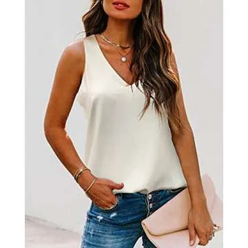 Alice CO Women's Casual V Neck Sleeveless Chiffon Layered Tank Tops (White, Large)