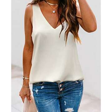 Alice CO Women's Casual V Neck Sleeveless Chiffon Layered Tank Tops (White, Large)