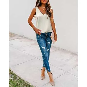 Alice CO Women's Casual V Neck Sleeveless Chiffon Layered Tank Tops (White, Large)