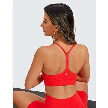 CRZ YOGA Butterluxe Womens Y-Back Racerback Sports Bra - Spaghetti Straps Wireless Scoop Neck Athletic Padded Yoga Tops Dark Red - Orangish Medium