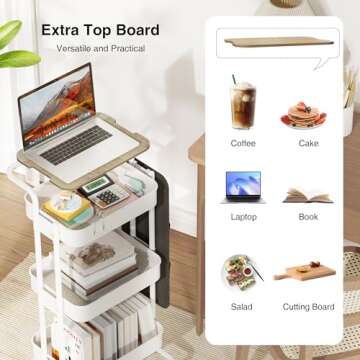 DTK 3 Tier Metal Utility Rolling Cart with Table Top and Side Bags, Metal Tray Storage Organizer Car...