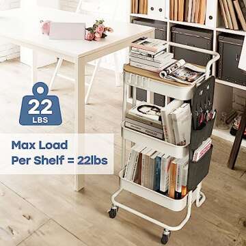 DTK 3 Tier Metal Utility Rolling Cart with Table Top and Side Bags, Metal Tray Storage Organizer Cart with Wheels, Art Craft Cart with 4 Hooks for Kitchen Bathroom Office Living Room (White)