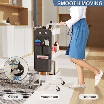 DTK 3 Tier Metal Utility Rolling Cart with Table Top and Side Bags, Metal Tray Storage Organizer Cart with Wheels, Art Craft Cart with 4 Hooks for Kitchen Bathroom Office Living Room (White)