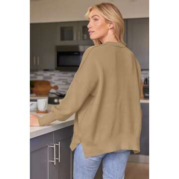 LILLUSORY Women's Oversized Batwing Sweaters 2024 Fall Outfits Crewneck Ribbed Knit Side Slit Trendy Pullover Tops Khaki L