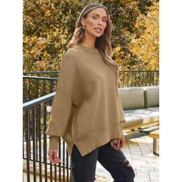 LILLUSORY Women's Oversized Batwing Sweaters 2024 Fall Outfits Crewneck Ribbed Knit Side Slit Trendy Pullover Tops Khaki L