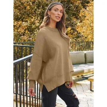 LILLUSORY Women's Oversized Batwing Sweaters 2024 Fall Outfits Crewneck Ribbed Knit Side Slit Trendy Pullover Tops Khaki L