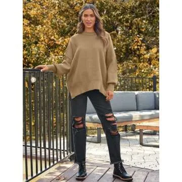 LILLUSORY Women's Oversized Batwing Sweaters 2024 Fall Outfits Crewneck Ribbed Knit Side Slit Trendy Pullover Tops Khaki L