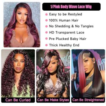 KeaBalo Ombre Lace Front Wig Human Hair Skunk Stripe Human Hair Wigs 13x4 Hd Lace Frontal Body Wave Highlight Pink Human Hair Wig Pink and Black Colored Wigs Human Hair 180% Density 24 Inch