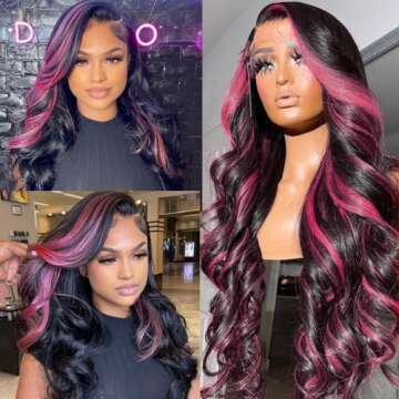 KeaBalo Ombre Lace Front Wig Human Hair Skunk Stripe Human Hair Wigs 13x4 Hd Lace Frontal Body Wave Highlight Pink Human Hair Wig Pink and Black Colored Wigs Human Hair 180% Density 24 Inch