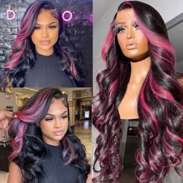 KeaBalo Ombre Lace Front Wig Human Hair Skunk Stripe Human Hair Wigs 13x4 Hd Lace Frontal Body Wave Highlight Pink Human Hair Wig Pink and Black Colored Wigs Human Hair 180% Density 24 Inch