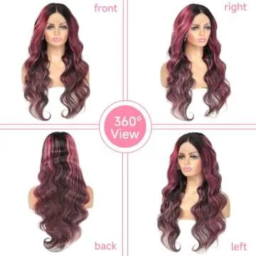 KeaBalo Ombre Lace Front Wig Human Hair Skunk Stripe Human Hair Wigs 13x4 Hd Lace Frontal Body Wave Highlight Pink Human Hair Wig Pink and Black Colored Wigs Human Hair 180% Density 24 Inch