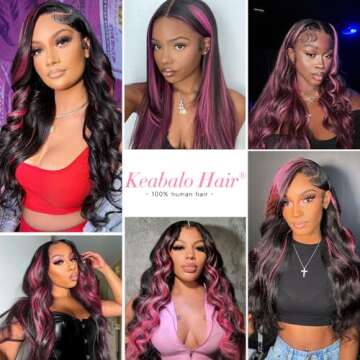 KeaBalo Ombre Lace Front Wig Human Hair Skunk Stripe Human Hair Wigs 13x4 Hd Lace Frontal Body Wave Highlight Pink Human Hair Wig Pink and Black Colored Wigs Human Hair 180% Density 24 Inch