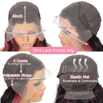 KeaBalo Ombre Lace Front Wig Human Hair Skunk Stripe Human Hair Wigs 13x4 Hd Lace Frontal Body Wave Highlight Pink Human Hair Wig Pink and Black Colored Wigs Human Hair 180% Density 24 Inch