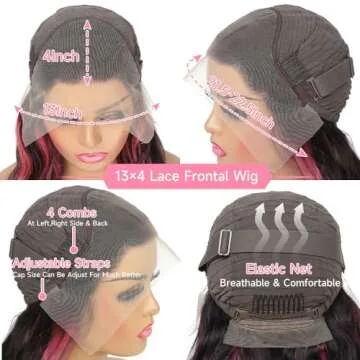KeaBalo Ombre Lace Front Wig Human Hair Skunk Stripe Human Hair Wigs 13x4 Hd Lace Frontal Body Wave Highlight Pink Human Hair Wig Pink and Black Colored Wigs Human Hair 180% Density 24 Inch