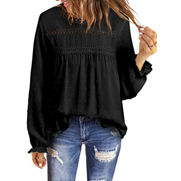Dokotoo Women's Fashion Summer Long Sleeve Tops Round Neck Crochet Lace Hem Basic Tee Shirts Flowy P...