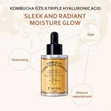 T'ELSE Kombucha Hydro Glow Ampoule 1.01oz, Tightening Deep Faical Moisturizing, Vegan, Hydrate and Soften the Skin, 30ml