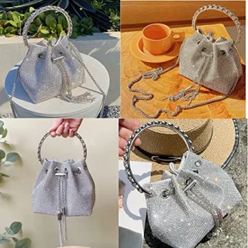 BBTT.ful Handbag, Sparkling Rhinestone Bucket Bag for Women & Girls, Large Crossbody Purse for Party, Wedding, Prom, Evening, Silver