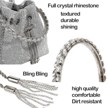 BBTT.ful Handbag, Sparkling Rhinestone Bucket Bag for Women & Girls, Large Crossbody Purse for Party, Wedding, Prom, Evening, Silver