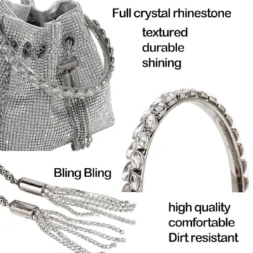 BBTT.ful Handbag, Sparkling Rhinestone Bucket Bag for Women & Girls, Large Crossbody Purse for Party, Wedding, Prom, Evening, Silver