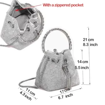 BBTT.ful Handbag, Sparkling Rhinestone Bucket Bag for Women & Girls, Large Crossbody Purse for Party, Wedding, Prom, Evening, Silver