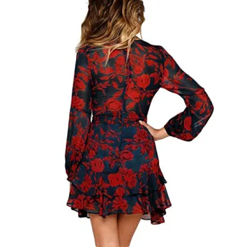 uguest Women Causal Deep V Neck Long Sleeve Floral Printed Mini Party Dress Charcoal/Red, Large