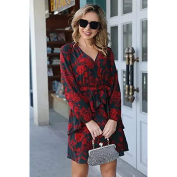 uguest Women Causal Deep V Neck Long Sleeve Floral Printed Mini Party Dress Charcoal/Red, Large