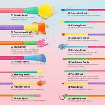 Docolor 15Pcs Colourful Makeup Brush Set for Makeup Lovers